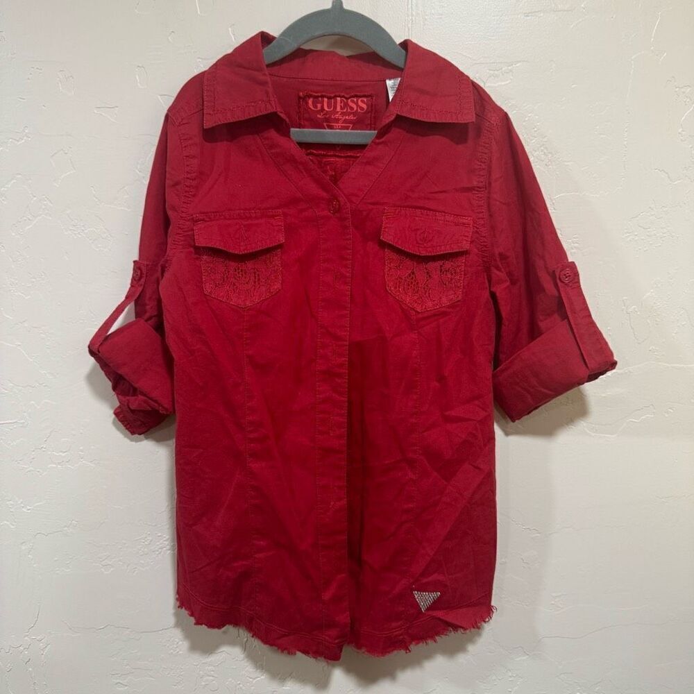 Guess Girls Large Red Button up with Lace pockets and heart back